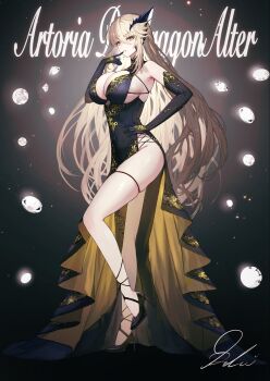 1girl artoria_pendragon_(celebratory_attire)_(fate) artoria_pendragon_(fate) artoria_pendragon_(lancer_alter)_(fate) black_dress blonde_hair breasts character_name cleavage commission diamond_(shape) dolce_(dolsuke) dress elbow_gloves fate/grand_order fate_(series) gloves hair_between_eyes highres horns large_breasts long_hair looking_at_viewer signature standing standing_on_one_leg thighs yellow_eyes