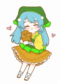 1girl :3 anzu_cha709 apron blue_hair blush_stickers brown_sandals closed_eyes deformed frilled_skirt frills green_apron green_headscarf hair_between_eyes haniwa_(statue) haniyasushin_keiki happy headscarf heart holding holding_statuette hugging_object long_hair orange_skirt sandals shirt simple_background skirt solo touhou white_background yellow_shirt