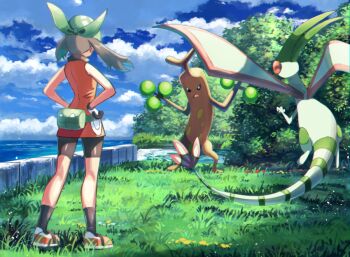 1girl bad_id bad_twitter_id bandana bare_arms bike_shorts black_legwear brown_hair bush cloud commentary_request day fanny_pack floating_hair flygon gen_2_pokemon gen_3_pokemon gloves grass green_bandana hands_on_own_hips levitate_(pokemon) may_(pokemon) may_(pokemon_emerald) nintendo outdoors pokemon pokemon_(creature) pokemon_ability pokemon_emerald pokemon_rse rowdon shoes sky socks standing sudowoodo