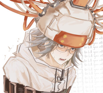 Rule 34 | 1boy, aestro 111, aotsuki eito, bound, bound torso, commentary request, drooling, english text, glasses, grey hair, highres, jacket, looking ahead, machine, male focus, open mouth, purple eyes, short hair, solo, spoilers, sweat, the hundred line -last defense academy-, upturned eyes, white background, white jacket