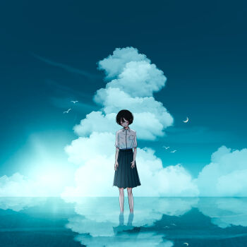 1girl absurdres aqua_skirt aqua_theme arms_at_sides black_hair breast_pocket closed_eyes closed_mouth cloud collared_shirt commentary crescent_moon full_body highres horizon medium_skirt moon nor_ni ocean original outdoors pleated_skirt pocket reflection reflective_liquid scenery shirt shirt_tucked_in short_hair short_sleeves simple_bird skirt sky sky_focus smile solo wading white_shirt wing_collar