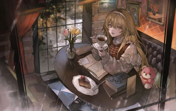 1girl black_shoes book brown_eyes brown_hair cake cake_slice character_doll commentary_request cup doll doll_on_shoulder flower food fork glasses hairband highres holding holding_cup holding_saucer ienaga_mugi indoors long_hair long_sleeves looking_at_viewer nijisanji open_mouth pink_flower pink_tulip saucer shoes sitting solo stuffed_animal stuffed_toy table teddy_bear tsuta1218 tulip unworn_eyewear virtual_youtuber yellow_flower yellow_tulip