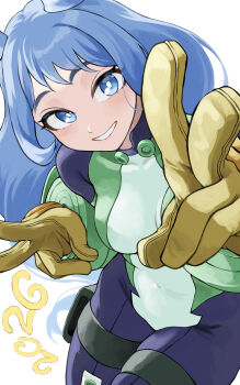 1girl 2026 absurdres blue_bodysuit blue_eyes blue_hair blush bodysuit boku_no_hero_academia breasts double_v fengling_(furin-jp) gloves green_bodysuit hado_nejire hair_horns highres long_hair looking_at_viewer medium_breasts multicolored_bodysuit open_mouth pouch simple_background skin_tight smile solo superhero_costume teeth thigh_pouch thigh_strap v very_long_hair white_background yellow_gloves