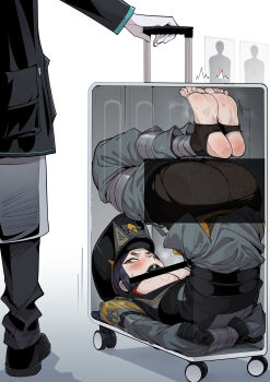 1girl 1other absurdres arknights arms_behind_back ass ball_gag bite_mark black_hair blush bound bound_arms bound_legs chinese_commentary dobermann_(arknights) dobermann_(lieutenant)_(arknights) feet foot_focus gag gloves hao_guangze_yu hat highres long_hair lying military_hat military_uniform on_back pantyhose rolling_suitcase soles stirrup_legwear suitcase sweat target toeless_legwear torn_clothes torn_pantyhose white_gloves x-ray