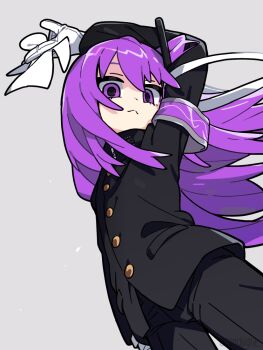 1girl :&lt; alternate_costume arm_at_side arm_over_head armband between_fingers black_jacket black_pants commentary_request cowboy_shot crossdressing crossdressing_(ftm) dutch_angle floating_hair gakuran gloves grey_background holding jacket long_hair looking_at_viewer looking_down one_side_up pants purple_armband purple_eyes purple_hair radio_antenna reakaki school_uniform shikigami simple_background solo standing tsukumo_shion utau white_gloves