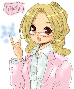 1990s_(style) 1girl bespectacled blonde_hair check_translation collared_shirt contemporary female_focus final_fantasy final_fantasy_iv glasses index_finger_raised long_hair looking_at_viewer oonishi_koala ponytail professor red_eyes retro_artstyle rosa_farrell shirt smile solo speech_bubble translated translation_request upper_body white_background white_shirt