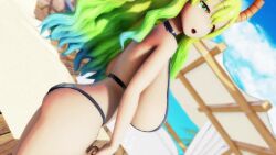 1girl 3d :&gt; animated artist_request ass ass_focus between_legs bikini black_bikini blonde_hair blush bouncing_breasts breasts curvy dancing dot_nose dragon_girl dragon_horns gradient_hair green_eyes green_hair hand_between_legs heterochromia highleg highres horns huge_breasts kobayashi-san_chi_no_maidragon long_hair lucoa_(maidragon) mikumikudance_(medium) mismatched_pupils multicolored_hair navel parted_lips purple_eyes side-tie_bikini_bottom simple_background solo sound stomach swimsuit tagme thong thong_bikini very_long_hair video wavy_hair wide_hips