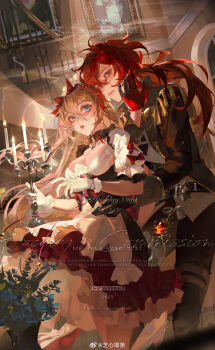 1boy 1girl absurdres antenna_hair apron black_jacket black_pants blonde_hair blue_eyes breasts candle candlestand cleavage dress flower gloves hair_between_eyes highres holding indoors jacket large_breasts long_hair long_sleeves looking_at_viewer maid original pants parted_lips ponytail puffy_sleeves red_eyes red_gloves red_hair sensitive short_sleeves white_gloves window yellow_eyes zhixinjitiao