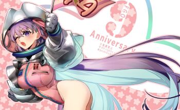 1girl anniversary artist_name ass bb_(fate) bb_cosmo_(fate) blue_hair breasts colored_inner_hair cowboy_shot english_text fate/grand_order fate_(series) flag gloves goshiko86g helmet holding holding_flag large_breasts leotard long_sleeves looking_at_viewer lower_teeth_only multicolored_hair open_mouth pink_leotard purple_eyes purple_hair solo space_helmet teeth two-tone_hair zipper