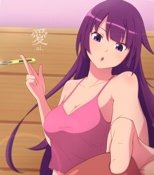 Rule 34 | 1boy, 1girl, absurdres, armpit crease, between fingers, blue eyes, blurry, blurry background, boxcutter, breasts, cleavage, collarbone, commentary request, crop top, foreshortening, highres, holding, holding another's tongue, indoors, kagari ds, lens flare, long hair, medium breasts, monogatari (series), open mouth, outstretched arm, pink tank top, pov, purple hair, senjougahara hitagi, shadow, tank top, very long hair