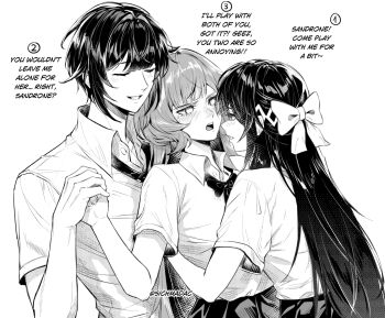 Rule 34 | 1boy, 2girls, alternate costume, black hair, blush, bow, bowtie, boy and girl sandwich, breast press, brown hair, clenched hand, closed eyes, collared shirt, columbina (genshin impact), commentary, dual persona, english commentary, english text, genderswap, genderswap (ftm), genshin impact, grabbing another's hand, grabbing from behind, greyscale, group hug, hair bow, hair flaps, holding hands, hug, leaning forward, leaning on person, long sidelocks, monochrome, multiple girls, necktie, open mouth, partially unbuttoned, pleated skirt, rokibent, sandrone (genshin impact), sandwiched, school uniform, shirt, short hair, short sleeves, sidelocks, skirt, smile, staring, twitter username, undone necktie, yuri