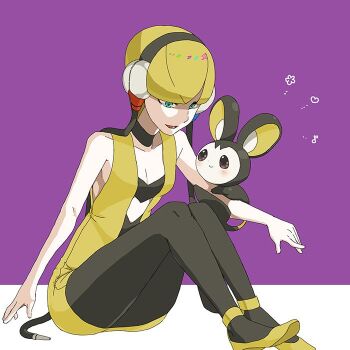 1girl animal_ears bare_shoulders black_choker blonde_hair blue_eyes blunt_bangs breasts choker cleavage collarbone dress elesa_(pokemon) emolga flying_squirrel gen_5_pokemon hachi_(hachi_hatch) headphones medium_breasts mouse_ears nintendo open_mouth pantyhose pokemon pokemon_(creature) pokemon_bw short_dress short_hair sitting sleeveless sleeveless_dress small_breasts smile solo_focus squirrel yellow_dress