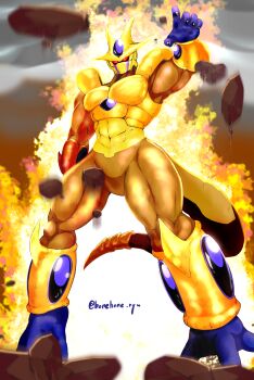 Rule 34 | 1boy, abs, absurdres, armor, artist name, aura, black nails, blurry, blurry background, breastplate, cloud, cloudy sky, colored skin, commentary request, cooler (dragon ball), cooler (fifth form) (dragon ball), day, dragon ball, dragonball z, floating, floating rock, forehead jewel, glowing, glowing eyes, gold skin, golden cooler, highres, hone ryu, horns, mask, mouth mask, muscular, muscular male, no humans, no pupils, official alternate color, outdoors, red eyes, rock, shoulder armor, sky, solo, tail, vambraces