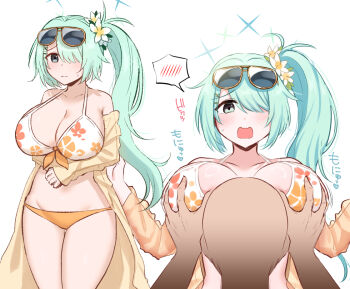 1boy 1girl aqua_eyes aqua_hair bikini blue_archive breasts cleavage commentary_request cowboy_shot eyewear_on_head floral_print floral_print_bikini flower groping gumisyrup hair_flower hair_ornament hair_over_one_eye halo hiyori_(blue_archive) hiyori_(swimsuit)_(blue_archive) jacket large_breasts looking_at_viewer multiple_views navel official_alternate_costume open_mouth orange_bikini print_bikini see-through_clothes see-through_jacket side_ponytail simple_background spoken_blush stomach sunglasses swimsuit translation_request white_background yellow-framed_eyewear