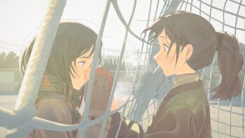 Rule 34 | 2girls, breath, brown hair, brown jacket, checkered clothes, checkered scarf, cigarette, cold, commentary, day, earrings, fence, freckles, from side, goal, green jacket, highres, holding hands, jacket, jewelry, jiankun yu, long sleeves, looking at another, medium hair, mittens, multiple girls, original, outdoors, ponytail, power lines, scarf, smoke, smoking, soccer field, sunlight, upper body, warming hands