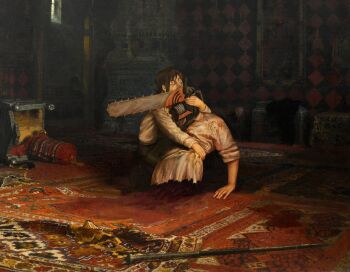 1boy 1girl absurdres black_pants blood brown_hair carpet chainsaw chainsaw_devil chainsaw_man fine_art_parody full_body gurumo_(twitter) hair_ornament hairclip hand_on_another's_arm higashiyama_kobeni highres hug indoors ivan_the_terrible_and_his_son_ivan long_sleeves pants parody polearm sanpaku sharp_teeth shirt sleeves_rolled_up spear teeth throne weapon white_shirt wide-eyed