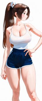 1girl breasts brown_eyes brown_hair fatal_fury full_body high_ponytail highres hoshino_akarii large_breasts looking_to_the_side ponytail shiranui_mai shorts sweat tank_top