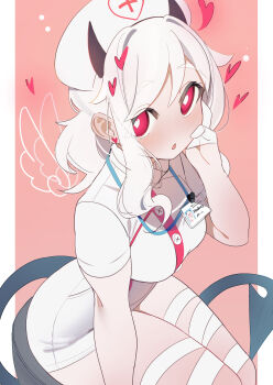 1girl :o absurdres bandaged_leg bandages black_horns blush breasts commentary demon_girl demon_horns demon_tail gloves hand_up hashtag-only_commentary hat heart heart-shaped_pupils helltaker highres horns id_card large_breasts long_hair looking_at_viewer modeus_(helltaker) nurse nurse_cap pink_background red_eyes solo symbol-shaped_pupils tail tarodqn white_background white_gloves white_hair wings
