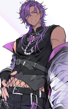 1boy absurdres belt black_nails black_pants black_shirt chest_belt commentary_request crop_top dark-skinned_male dark_skin earrings ensemble_stars! fingerless_gloves fishnet_pantyhose fishnets from_below gloves hair_over_one_eye hair_over_shoulder hand_on_own_hip highres jacket jewelry layered_shirt long_hair male_focus necklace off-shoulder_jacket off_shoulder official_alternate_costume official_alternate_hairstyle open_mouth otogari_adonis pants pantyhose purple_hair purple_jacket scorpion shirt simple_background sleepwildbear sleeveless sleeveless_shirt smile solo wallet_chain yellow_eyes zipper