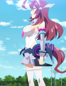 1girl ahoge animal_ears anime_screenshot bare_shoulders blue_eyes blush breasts brown_hair brown_tail detached_sleeves dress female_focus from_side grey_skirt grey_sleeves hair_ornament highres horse_ears horse_girl horse_tail kneehighs large_breasts legs long_hair microskirt mihono_bourbon_(code:glassage)_(umamusume) mihono_bourbon_(umamusume) necktie no_bra open_mouth outdoors pink_necktie pleated_skirt sideboob skirt socks solo solo_focus tail thick_thighs thighhighs thighs tight_clothes tight_dress umamusume white_thighhighs zettai_ryouiki