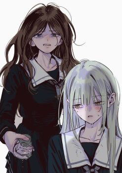 Rule 34 | 12thfog, 2girls, bang dream!, bang dream! it's mygo!!!!!, blue eyes, blue hair, blue shirt, blue skirt, brown hair, cup, green hair, highres, holding, holding cup, long hair, multiple girls, nagasaki soyo, open mouth, school uniform, shirt, sidelocks, simple background, skirt, tsukinomori school uniform, wakaba mutsumi, wet, white background, yellow eyes