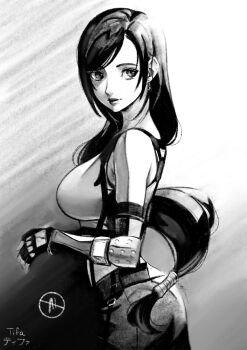 1girl absurdres black_gloves black_hair black_skirt breasts character_name closed_mouth commentary cowboy_shot crop_top earrings eightyfourart elbow_gloves final_fantasy final_fantasy_vii final_fantasy_vii_remake fingerless_gloves from_side gloves gradient_background greyscale highres jewelry large_breasts lips long_hair looking_at_viewer looking_to_the_side low-tied_long_hair monochrome single_arm_guard single_earring skirt solo suspender_skirt suspenders swept_bangs tank_top tifa_lockhart white_tank_top