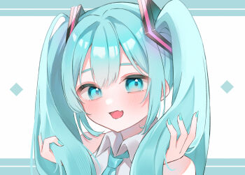 1girl :d bare_shoulders blue_eyes blue_hair blue_nails blue_necktie blush collared_shirt commentary_request double-parted_bangs fang hatsune_miku highres holding holding_own_hair long_hair mokoinu_(pixiv_27216243) nail_polish necktie open_mouth portrait shirt skin_fang sleeveless sleeveless_shirt smile solo twintails vocaloid white_background wing_collar