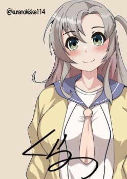 1girl breasts brown_background commentary_request green_eyes grey_hair highres jacket kantai_collection kinugasa_(kancolle) kinugasa_kai_ni_(kancolle) kurano_kisuke medium_breasts neckerchief one-hour_drawing_challenge one_side_up purple_sailor_collar sailor_collar sailor_shirt school_uniform serafuku shirt signature solo twitter_username upper_body yellow_jacket yellow_neckerchief