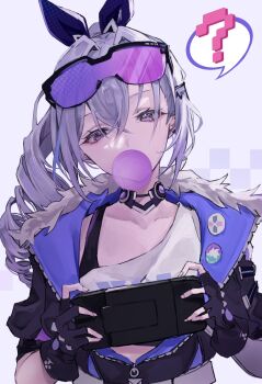 1girl ? black_gloves black_jacket blowing_bubble_gum breasts chewing_gum closed_mouth collarbone collared_jacket commentary drill_hair drill_ponytail eyewear_on_head fingerless_gloves fingernails food fur-trimmed_jacket fur_trim gloves grey_hair hair_between_eyes hair_ornament hair_ribbon handheld_game_console hands_up highres holding holding_handheld_game_console honkai:_star_rail honkai_(series) jacket long_hair looking_down medium_breasts open_clothes open_jacket ponytail puffy_short_sleeves puffy_sleeves purple-tinted_eyewear purple_eyes purple_ribbon ribbon shirt short_sleeves sidelocks silver_wolf_(honkai:_star_rail) simple_background solo speech_bubble square standing sunglasses t-shirt tinted_eyewear ui_1231 white_background white_shirt zipper