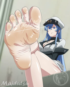 1girl akame_ga_kill! barefoot blue_eyes blue_hair breasts cleavage esdeath feet foot_focus foreshortening hat large_breasts long_hair majdutsu military military_uniform peaked_cap sitting smell soles solo toes uniform