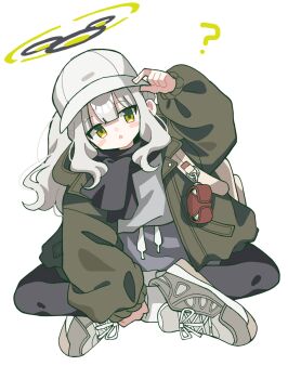 1girl :o ? arm_up baseball_cap black_halo black_leggings black_scarf blue_archive blush commentary drawstring full_body furiba_794 green_eyes green_halo green_jacket grey_hair grey_shirt grey_shoes grey_shorts grey_socks halo hand_on_own_leg hare_(blue_archive) hare_(camp)_(blue_archive) hat hat_tip head_tilt highres indian_style jacket leggings long_hair long_sleeves looking_at_viewer multicolored_halo official_alternate_costume scarf shirt shoes shorts simple_background sitting sneakers socks solo straight-on white_background white_hat