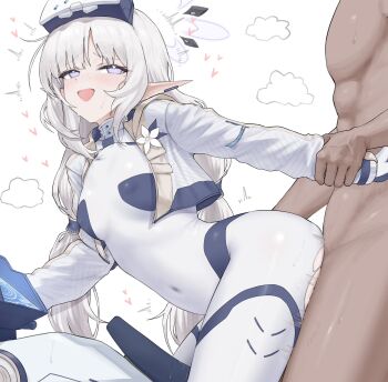 1boy 1girl blue_archive bodysuit breasts clothed_female_nude_male cropped_jacket dark-skinned_male dark_skin goggles goggles_on_head grabbing_another's_arm halo head-mounted_display heart hetero highres himari_(blue_archive) himari_(bodysuit)_(blue_archive) long_hair mole mole_under_eye motor_vehicle motorcycle multicolored_halo nude official_alternate_costume on_motorcycle pointy_ears rainbow_goreinu sex sex_from_behind small_breasts torn_bodysuit torn_clothes two-tone_halo white_bodysuit white_halo