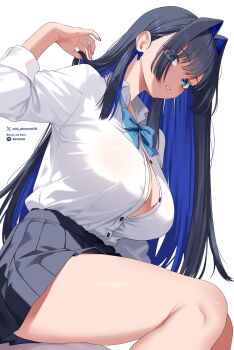 1girl black_hair black_skirt blue_bow blue_bowtie blue_eyes blue_hair bow bowtie breasts button_gap ear_bow hair_intakes highres hololive hololive_english large_breasts long_hair looking_at_viewer miniskirt multicolored_hair oioi_ainomo ouro_kronii parted_lips pleated_skirt school_uniform shirt shirt_tucked_in simple_background sitting skirt solo thighs two-tone_hair very_long_hair virtual_youtuber white_background white_shirt