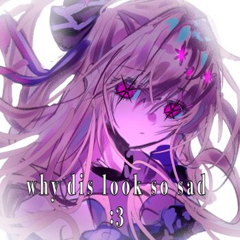 Rule 34 | 1girl, blonde hair, english text, highres, hoshino ruby, idol, long hair, oshi no ko, purple eyes, selena0629zd, solo, star-shaped pupils, star (symbol), symbol-shaped pupils, upper body, white background