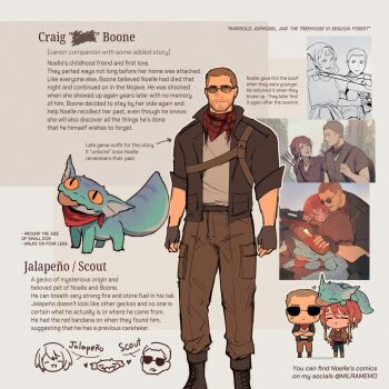 1boy 1girl :d ^_^ animal arrow_(symbol) artist_self-reference bandana bandana_around_neck black_gloves black_jacket boots brown_background brown_boots brown_hair brown_pants buzz_cut character_profile chibi chibi_inset closed_eyes closed_mouth courier_(fallout:_new_vegas) craig_boone english_text fallout fallout:_new_vegas fingerless_gloves gecko gloves grey_background grey_shirt gun highres jacket jalapeno_(milramemo) lace-up_boots milramemo noelle_rutherford open_clothes open_jacket open_mouth orange_eyes pants rifle scope shirt short_hair short_sleeves slingshot_(weapon) slit_pupils smile sniper_rifle sunglasses tongue tongue_out two-tone_background very_short_hair weapon