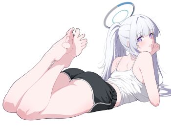 1girl alternate_costume alternate_hairstyle ass barefoot black_shorts blue_archive blush camisole dolphin_shorts feet from_behind hair_intakes halo highres legs legs_up long_hair looking_at_viewer looking_back lying midriff noa_(blue_archive) on_stomach ponytail purple_eyes reia_76 shorts simple_background solo thighs toenails toes very_long_hair white_background white_camisole white_hair white_halo