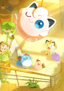 1girl absurdres azumarill black_eyes blue_eyes bob_cut cleffa closed_eyes colored_skin commentary_request ditto dress gardevoir gen_1_pokemon gen_2_pokemon gen_3_pokemon green_hair green_skin hide_and_seek highres indoors jigglypuff meowth multicolored_skin nintendo one_eye_closed open_mouth pink_eyes pink_skin piyokonoenikki_04 pokemon pokemon_(creature) purple_skin smile stairs two-tone_skin watermark white_dress white_skin