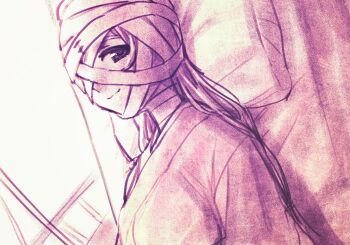 1girl bandage_over_one_eye bandaged_head bandages commentary_request dutch_angle highres long_hair looking_at_viewer lying nanao_itsuki on_back original pillow sepia smile solo upper_body