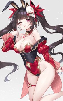 1girl animal_ear_hairband animal_ears bare_shoulders bell black_choker black_nails black_sash breasts butterfly-shaped_pupils choker circle_facial_mark cleavage clothing_cutout commentary_request commission facial_mark fake_animal_ears flower_tattoo fox_mask hairband highleg highleg_leotard highres honkai:_star_rail honkai_(series) leotard long_hair mark_under_both_eyes mask mask_on_head memento_vivi navel_cutout neck_bell o-ring o-ring_thigh_strap off_shoulder one_eye_closed playboy_bunny rabbit_ear_hairband rabbit_ears red_leotard red_sleeves sash skeb_commission solo sparkle_(honkai:_star_rail) strapless strapless_leotard symbol-shaped_pupils tattoo thigh_strap tongue tongue_out twintails