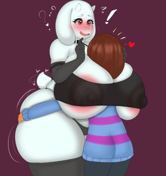 1boy 1girl absurdres age_difference animal_ears areola_slip ass ass_grab blush breasts clothes embarrassed fladdykin frisk_(undertale) furry gigantic_breasts heart height_difference highres huge_ass large_areolae nipples open_mouth red_eyes sheep_ears sheep_girl sheep_tail shiny_skin size_difference smile tail toriel undertale utdr_(toby_fox)