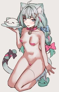 1girl absurdres animal_ears bell blue_eyes breasts cat_ears cat_girl cat_tail collar covered_erect_nipples densetsu.exe embarrassed green_hair highres jingle_bell kneeling mint_fantome naokomama nude pasties plate slippers small_breasts tail thighs twintails virtual_youtuber white_background