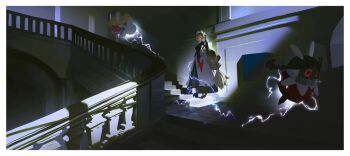 1girl 2others alexandrina_sebastiane anastella_(zenless_zone_zero) bangboo_(zenless_zone_zero) black_dress breasts chest_bow dress drusilla_(zenless_zone_zero) dumog from_side gloves greyscale hair_between_eyes highres knife knife_sheath large_breasts long_hair looking_at_viewer maid maid_headdress monochrome multiple_others partially_fingerless_gloves ribbon sheath smile stairs white_background white_ribbon zenless_zone_zero