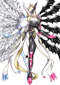 1girl absurdres alternate_breast_size_(larger) angel_wings armor asymmetrical_armor asymmetrical_mask asymmetrical_wings black_armor black_helmet blonde_hair boobplate braid breastplate breasts covered_eyes demon_wings digimon digimon_(creature) gggg helmet helmet_over_eyes highres huge_breasts long_hair looking_at_viewer mask mastemon mismatched_wings open_mouth sidelocks simple_background smile solo split-color_clothes white_armor white_background white_helmet white_wings winged_helmet wings