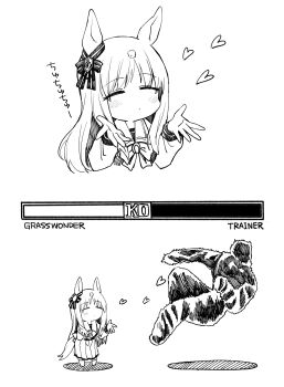 1girl absurdres animal_ears blowing_kiss blush bow commentary ear_bow ear_ornament ear_ribbon grass_wonder_(umamusume) highres hitode_(ziburi) horse_ears horse_girl horse_tail horseshoe_ornament long_hair long_sleeves sailor_collar school_uniform skirt tail tracen_school_uniform trainer_(umamusume) umamusume white_hair
