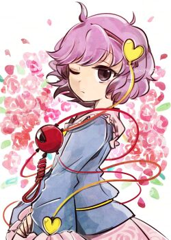 1girl blue_shirt brown_eyes buttons closed_mouth commentary eyeball floral_print frilled_shirt_collar frilled_sleeves frills hair_ornament hairband heart heart_button heart_hair_ornament highres komeiji_satori long_sleeves one_eye_closed pink_hair pink_skirt print_skirt rose_print shirt short_hair skirt solo tama_(hiroshige_36) third_eye touhou wide_sleeves