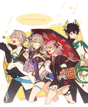 2134twone 2boys 2girls bag black_coat black_dress black_hair black_pants blue_corset blue_shorts breasts caelus_(honkai:_star_rail) character_charm charm_(object) chinese_commentary cleavage coat commentary_request corset cosplay cropped_legs dan_heng_(honkai:_star_rail) dan_heng_(permansor_terrae)_(honkai:_star_rail) dragon_boy dragon_tail dress dual_persona elysia_(honkai_impact) evernight_(honkai:_star_rail) flower green_eyes grey_hair hair_flower hair_ornament herrscher_of_corruption herrscher_of_corruption_(cosplay) highres holding holding_umbrella honkai:_star_rail honkai_(series) honkai_impact_3rd horns kevin_kaslana kevin_kaslana_(cosplay) march_7th_(honkai:_star_rail) medium_breasts multiple_boys multiple_girls numby_(honkai:_star_rail) open_mouth pants pointy_ears red_eyes short_hair short_shorts shorts shoulder_bag shrug_(clothing) stelle_(honkai:_star_rail) tail thighs trailblazer_(honkai:_star_rail) trotter_(honkai:_star_rail) twitter_username umbrella yellow_eyes yellow_horns