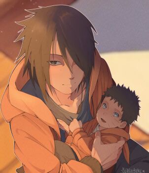 Rule 34 | 2boys, aged down, animal ear hood, artist name, baby, baby carry, black hair, black shirt, blue eyes, carrying, closed mouth, collarbone, commentary, english commentary, facial mark, fake animal ears, hair over one eye, highres, hood, hood down, hoodie, male focus, multiple boys, naruto (series), open mouth, orange hoodie, outline, shirt, sitting, smile, themidnights0ng, uchiha sasuke, uzumaki menma, whisker markings, white outline, yaoi, zipper, zipper pull tab