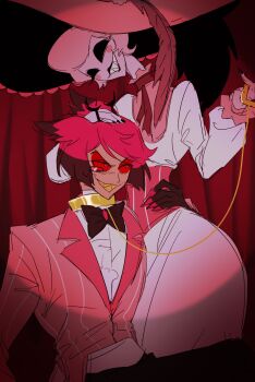 1boy 1girl alastor_(hazbin_hotel) black_pants collared_shirt commentary dress hazbin_hotel hellaverse highres jeomb1 long_dress pants pink_shirt red_hair rosie_(hazbin_hotel) sharp_teeth shirt short_hair symbol-only_commentary teeth white_dress white_hair