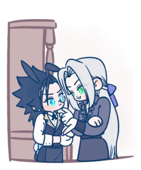 105zz 2boys alternate_costume animal_ears apron black_hair black_pants black_vest blue_eyes collar final_fantasy final_fantasy_vii final_fantasy_vii:_ever_crisis frown furrowed_brow gloves green_eyes grey_hair hair_ribbon hair_slicked_back half_updo kemonomimi_mode long_hair looking_at_another male_focus monocle multiple_boys official_alternate_costume pants parted_lips purple_ribbon rabbit_boy rabbit_ears rabbit_tail ribbon sephiroth sleeves_rolled_up slit_pupils smile tail upper_body vest waist_apron white_collar white_gloves zack_fair zack_fair_(bunny_butler)