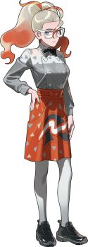 1girl 987645321o apron black_bow black_bowtie blue_eyes bow bowtie breasts closed_mouth full_body glasses gradient_hair grey_shirt griselle_(pokemon) hand_on_own_hip hashtag-only_commentary highres looking_at_viewer medium_breasts multicolored_hair nintendo orange_apron orange_hair pantyhose pokemon pokemon_legends:_z-a ponytail print_apron red_hair shirt simple_background solo split_ponytail two-tone_hair waist_apron white-framed_eyewear white_background white_hair white_pantyhose white_shirt